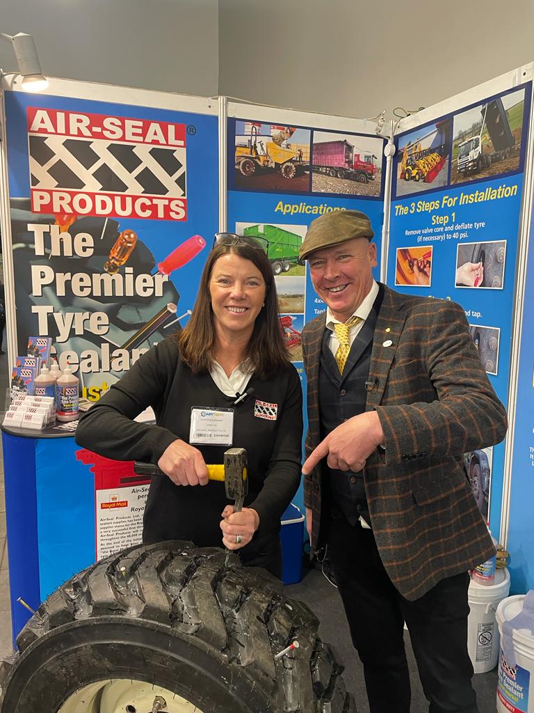 Welsh social media influencer Gareth Wyn Jones visits Air-Seal Products tyre sealant stand at Dairy Tech 2023|Terry Jones from the NFU visits Air-Seal premier tyre sealant stand at Dairy Tech 2023|Air-Seal Products managing director Alex Burnand with new tyre sealant customers on stand at dairy tech 2023