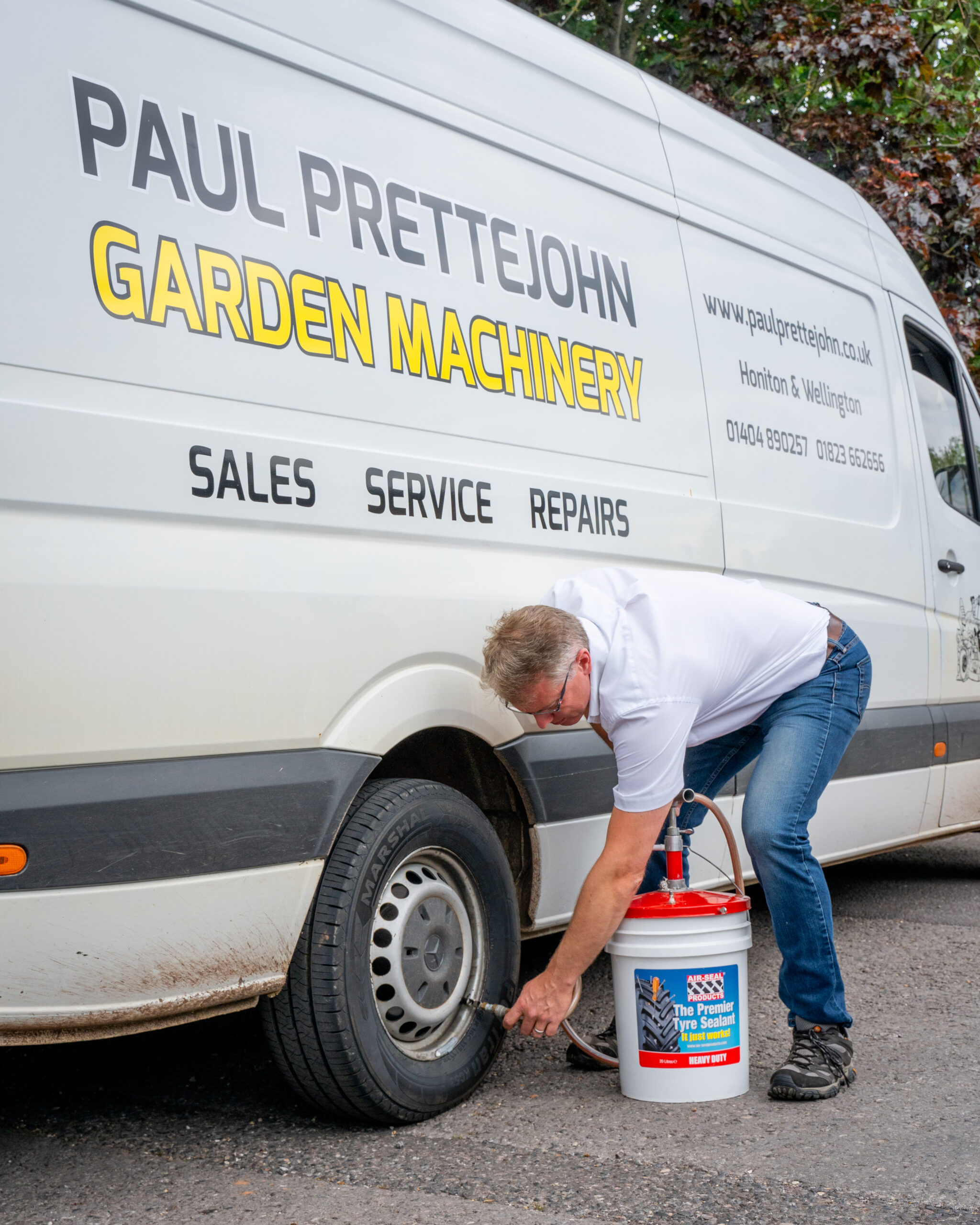 Air-Seal Products Heavy Duty tyre sealant being installed into on-road van
