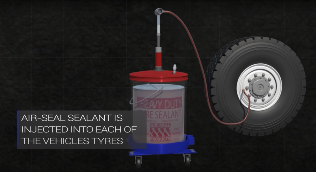 Graphic of Air-Seal Products Heavy Duty tyre sealant being installed into a truck tyre