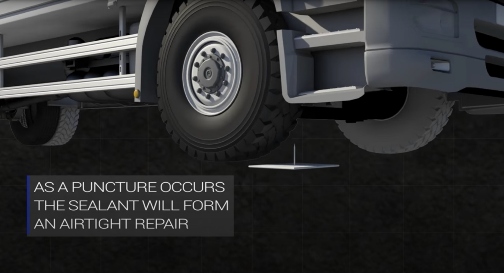 Graphic of a puncture occurring in a truck tyre with Air-Seal Products Heavy Duty tyre sealant in